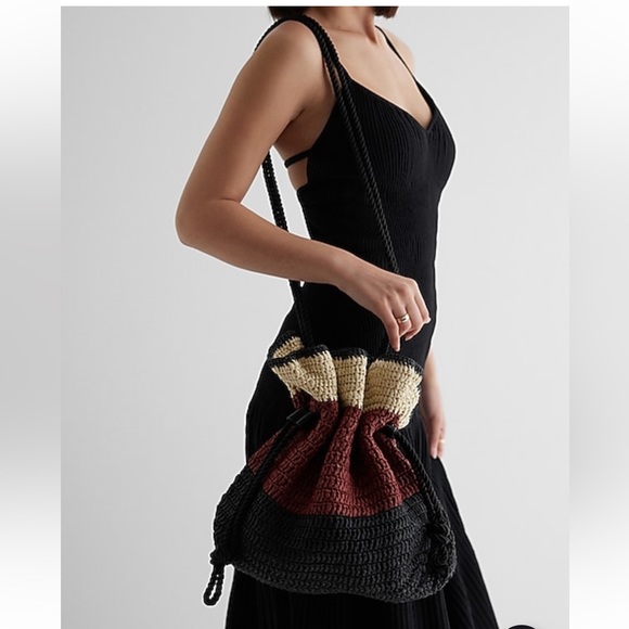 Express Woven Paper Straw Drawstring Three Toned Crossbody Bag - Picture 2 of 16